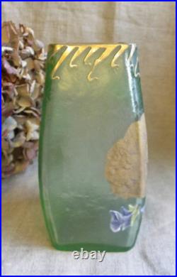 Legras Vase Signé Montjoy À Décor De Violettes Émaillées Et Feuilles D'or