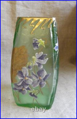 Legras Vase Signé Montjoy À Décor De Violettes Émaillées Et Feuilles D'or