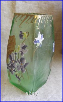 Legras Vase Signé Montjoy À Décor De Violettes Émaillées Et Feuilles D'or