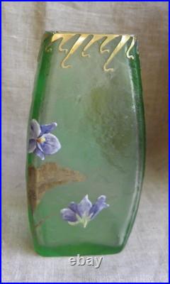 Legras Vase Signé Montjoy À Décor De Violettes Émaillées Et Feuilles D'or