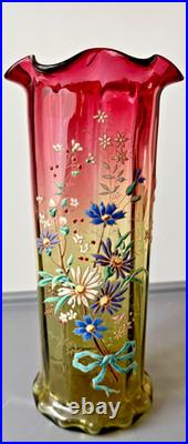 Legras Vase Verre Col Rouge et Ambre Émaillé Décor de fleurs