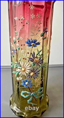 Legras Vase Verre Col Rouge et Ambre Émaillé Décor de fleurs