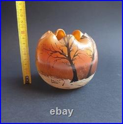 Legras Vase en verre Boule à col pincé Couché de soleil en forêt enneigée