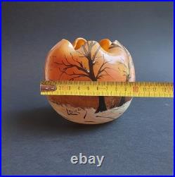 Legras Vase en verre Boule à col pincé Couché de soleil en forêt enneigée