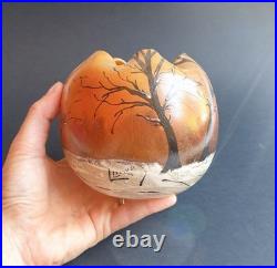 Legras Vase en verre Boule à col pincé Couché de soleil en forêt enneigée