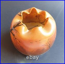 Legras Vase en verre Boule à col pincé Couché de soleil en forêt enneigée