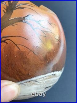 Legras Vase en verre Boule à col pincé Couché de soleil en forêt enneigée