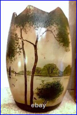 Legras/ Vase en verre émaillé. Art Nouveau 1900. Paysage lacustre