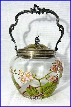 Legras Victor Saglier Enamelled Jar Barrel Glass Seau Pot Biscuit Emaille Fleurs