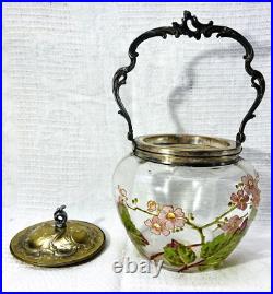 Legras Victor Saglier Enamelled Jar Barrel Glass Seau Pot Biscuit Emaille Fleurs