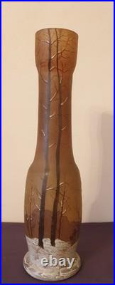 Legras, joli vase tulipier à long col orangé/brun, décor émaillé d'1 paysanne