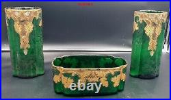 Legras/montjoye Paire Vases+jardiniere Verre Decor Givre Vert Glands Ep. 1900
