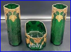 Legras/montjoye Paire Vases+jardiniere Verre Decor Givre Vert Glands Ep. 1900