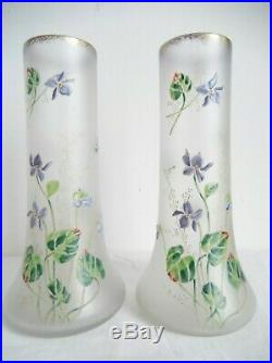 Legras, paire de vases + 1 jardinière, émaillés aux violettes
