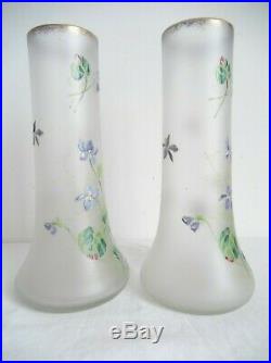 Legras, paire de vases + 1 jardinière, émaillés aux violettes