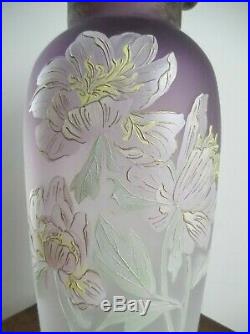 Legras, rare, grand vase émaillé floral, bicolore blanc à violet, hauteur 53 cm