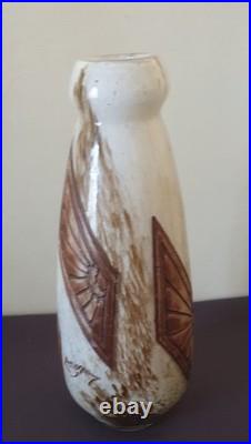 Legras, vase en verre à fond opaque marbré beige, décor de figures géométriques