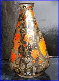 Mazoyer Rare Grand Vase En Verre Emaille Decor Fleurs Epoque 1925 Art Deco 29cm