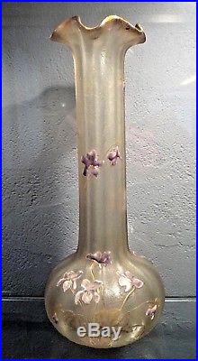 MONTJOYE St denis-Vase art nouveau gravé acide violettes émaillées, daum, gallé