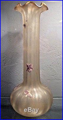 MONTJOYE St denis-Vase art nouveau gravé acide violettes émaillées, daum, gallé
