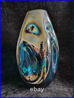 Magnifique Grand Vase Verre Soufflé Bleu Turquoise Iridescent 34cm