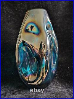 Magnifique Grand Vase Verre Soufflé Bleu Turquoise Iridescent 34cm