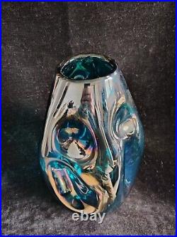 Magnifique Grand Vase Verre Soufflé Bleu Turquoise Iridescent 34cm