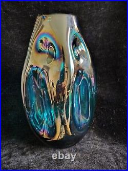 Magnifique Grand Vase Verre Soufflé Bleu Turquoise Iridescent 34cm