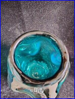 Magnifique Grand Vase Verre Soufflé Bleu Turquoise Iridescent 34cm