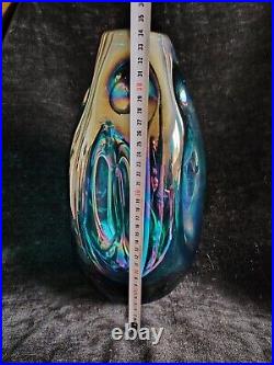 Magnifique Grand Vase Verre Soufflé Bleu Turquoise Iridescent 34cm