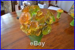 Magnifique Vase Daum Collection Fleurs Rose Passion Couleur Vert Et Orange -50%