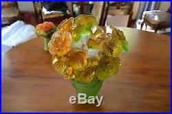 Magnifique Vase Daum Collection Fleurs Rose Passion Couleur Vert Et Orange -50%
