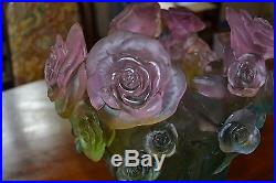 Magnifique Vase Daum Collection Fleurs Rose Passion Couleur Vert Et Rose -50%