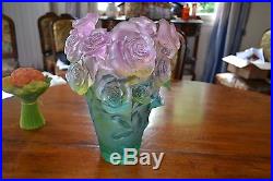 Magnifique Vase Daum Collection Fleurs Rose Passion Couleur Vert Et Rose -50%
