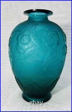 Marius Sabino Vase Lea Fleura Opalescent De Couleur Colore Bleu Vert Art Deco