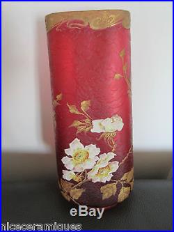 Montjoye Legrasrare vase cristal granité rouge émaillé col dégagé acide(daum)
