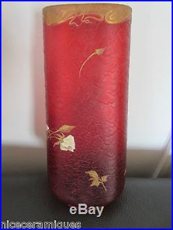 Montjoye Legrasrare vase cristal granité rouge émaillé col dégagé acide(daum)