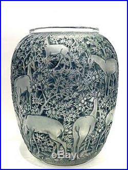 Original Vase Biches Bleu René Lalique Blue Stained Glass R. Lalique Deers Does