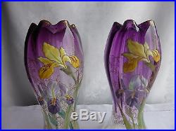 PAIRE DE VASES EMAILLES ART NOUVEAU LEGRAS MONTJOYE VERRE EMAILLE à décor D'IRIS