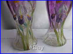 PAIRE DE VASES EMAILLES ART NOUVEAU LEGRAS MONTJOYE VERRE EMAILLE à décor D'IRIS