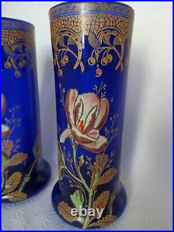 PAIRE DE VASES EN VERRE ÉMAILLÉ LEGRAS Art Nouveau Fleurs de tulipier Magnolia