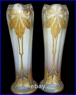 Paire Ancien Grand Vase Legras Belgrade Décor Feuilles Châtaignier Art Nouveau