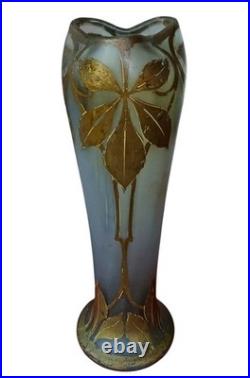 Paire Ancien Grand Vase Legras Belgrade Décor Feuilles Châtaignier Art Nouveau