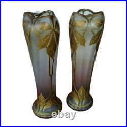 Paire Ancien Grand Vase Legras Belgrade Décor Feuilles Châtaignier Art Nouveau