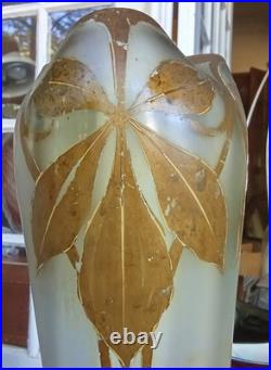 Paire Ancien Grand Vase Legras Belgrade Décor Feuilles Châtaignier Art Nouveau