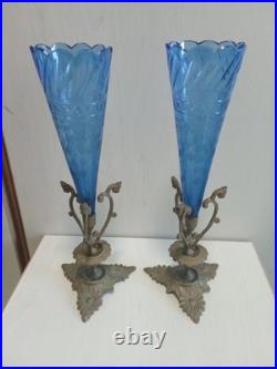 Paire De Grands Vases Cornets, Art Nouveau Vers 1900, Cristal