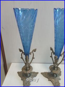 Paire De Grands Vases Cornets, Art Nouveau Vers 1900, Cristal