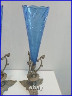 Paire De Grands Vases Cornets, Art Nouveau Vers 1900, Cristal