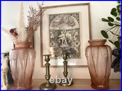 Paire De Vase (2) Verre Pressé Moulé Dépoli Rose Art Déco Circa 1930 Espaivet Paire De Vase (2) Verre Pressé Moulé Dépoli Rose Art Déco Circa 1930 Espaivet