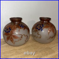 Paire De Vases Boule En Verre Peint Signé Fanus École De Nancy